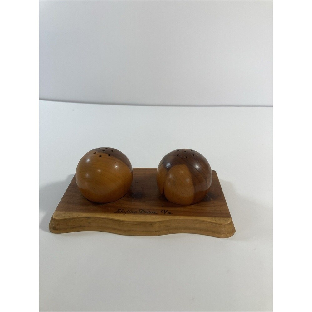 Myrtle Wood Ball Salt & Pepper Shakers Tray Set Mid Century Souvenir Set, VA.